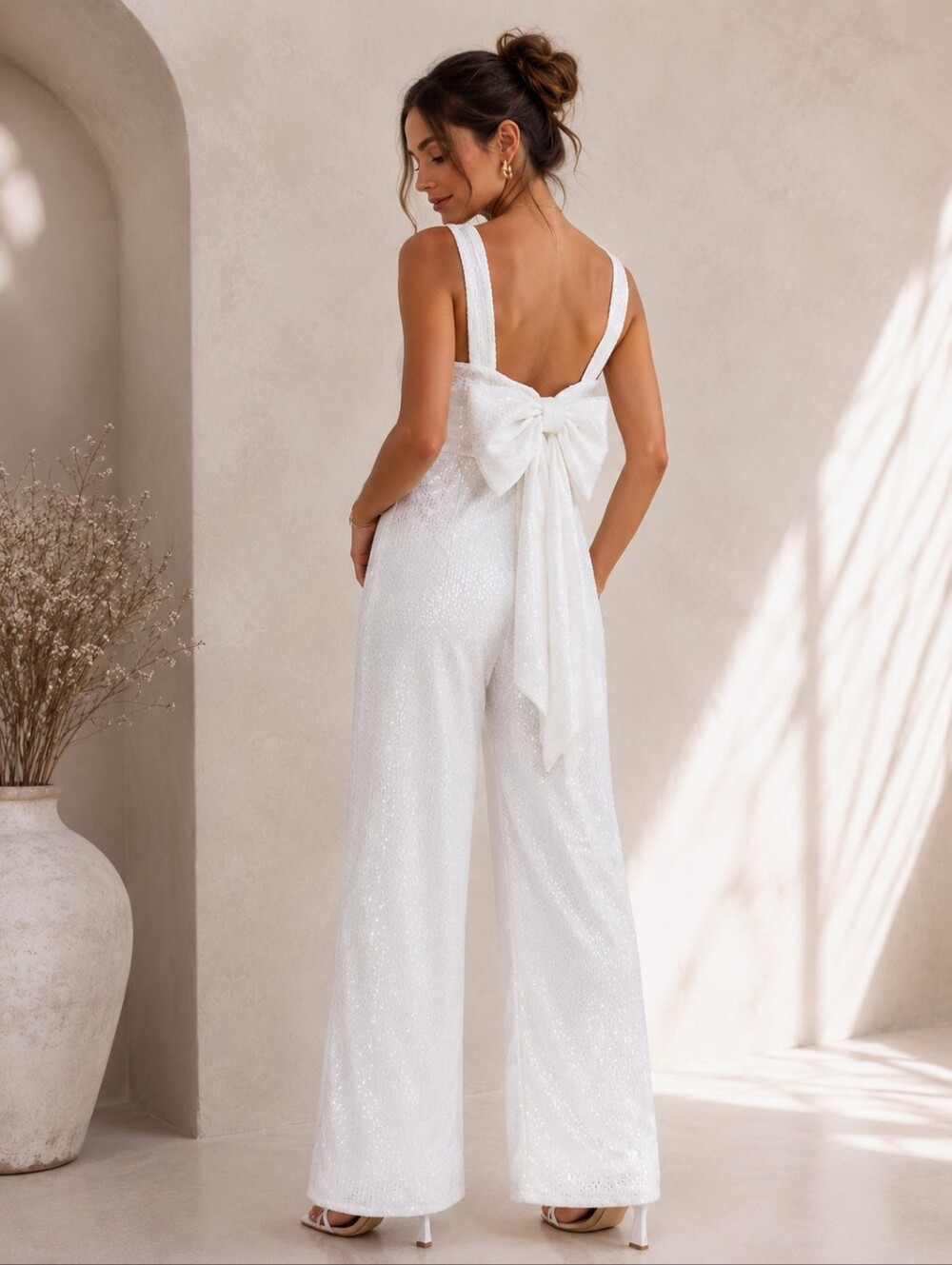 Lulu's White Sparkle Bow-Back Jumpsuit